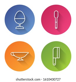Set line Chicken egg on a stand, Spoon, Sauce boat and Meat chopper. Color circle button. Vector