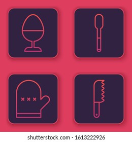 Set line Chicken egg on a stand, Oven glove, Spoon and Bread knife. Blue square button. Vector