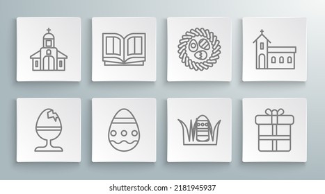Set line Chicken egg on a stand, Holy bible book, Easter, Gift box, in wicker nest, Church building and  icon. Vector