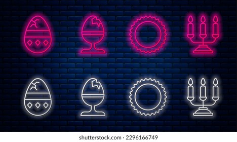 Set line Chicken egg on a stand, Sun, Cracked egg and Candelabrum with candlesticks. Glowing neon icon on brick wall. Vector