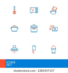 Set line Chicken egg on a stand, Meat chopper, Kitchen extractor fan, meat grinder, Cooking pot, Slow cooker, spice and Microwave oven icon. Vector