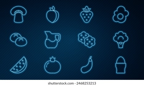Set line Hühnerei auf Stand, Brokkoli, Erdbeere, Krug Glas mit Milch, Brotlaib, Pilz, Cracker Keks und Pflaumenfrucht-Ikone. Vektorgrafik