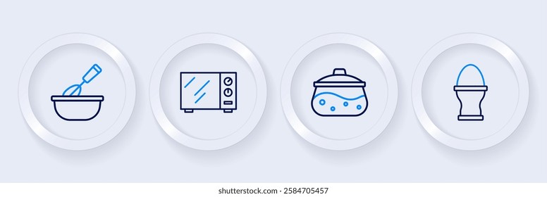 Set line Chicken egg on a stand, Cooking pot, Microwave oven and whisk with bowl icon. Vector