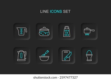 Set line Chicken egg on a stand, Cutting board knife, Cooking whisk with bowl, Electric kettle, pot fire, Grater,  and Measuring cup icon. Vector