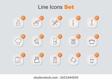 Set line Chicken egg on a stand, Packet of pepper, Grater, Kettle with handle, Cutting board knife, Cooking pot, Scales and Refrigerator icon. Vector