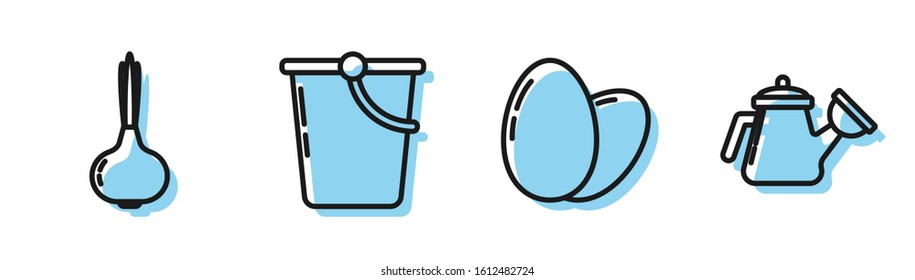 Set line Chicken egg, Onion, Bucket and Watering can icon. Vector