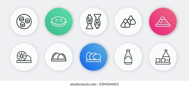 Set line Chicken egg, Rice in a bowl, Xiao long bao, Soy sauce bottle, Zongzi bamboo steamer, Served fish plate, Bottle of sake and Sushi icon. Vector
