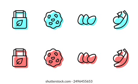 Set line Chicken egg, Shopping bag with recycle, Cookie or biscuit and Apple and banana icon. Vector