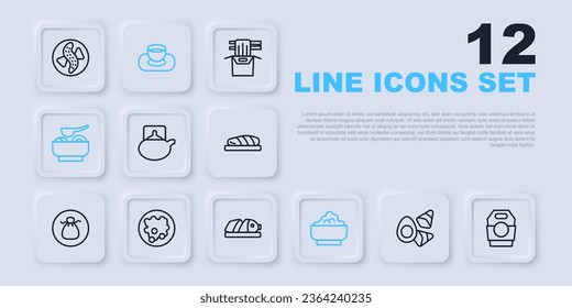 Set line Chicken egg with vegerables, Asian noodles in paper box, Traditional tea ceremony, Rice bowl, Ramen soup, Soy sauce and Fish sliced pieces icon. Vector