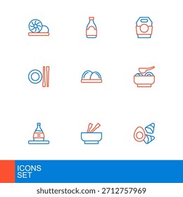 Set line Chicken egg with vegerables, Asian noodles in bowl, Bottle of sake, Ramen soup, Food chopsticks plate, Sushi, paper box and Soy sauce bottle icon. Vector