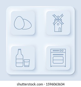 Set line Chicken egg , Windmill , Glass bottle with milk and glass  and Oven . White square button. Vector