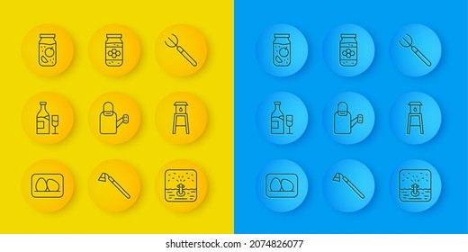 Set line Chicken egg, Wine bottle with glass, Watering can, Automatic irrigation sprinklers, tower, Jam jar, Garden pitchfork and Jar of honey icon. Vector