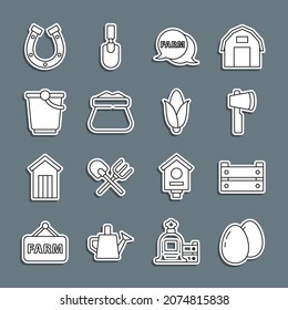 Set line Chicken egg, Wooden box, axe, Speech bubble with Farm, Full sack, Bucket, Horseshoe and Corn icon. Vector