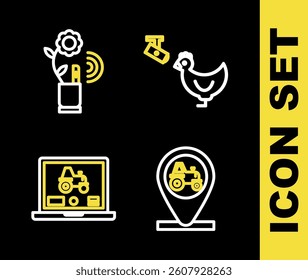 Set line Chicken farm and camera, Tractor location, Laptop application for smart and Smart farming technology icon. Vector