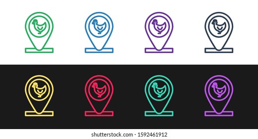Set line Chicken farm and location icon isolated on black and white background.  Vector Illustration
