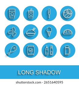 Set line Chicken leg, Bag or packet potato chips, Coffee cup go, Sauce bottle, Thermos container, Rice bowl with chopstick, Taco tortilla and Ice cream waffle cone icon. Vector