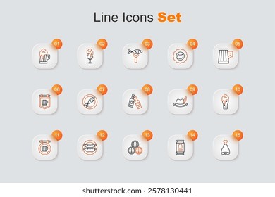 Set line Chicken leg, Beer can, Wooden barrel, Sausage, Street signboard with beer, Glass of, Oktoberfest hat and bottle icon. Vector