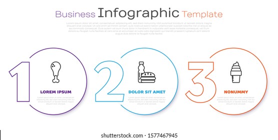Set line Chicken leg, Bottle of water and burger and Ice cream in waffle cone. Business infographic template. Vector