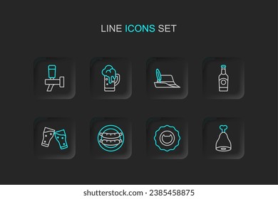 Set line Chicken leg, Bottle opener, Sausage, Glass of beer, Beer bottle, Oktoberfest hat,  and tap icon. Vector