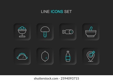 Set line Chicken leg, Bottle of wine, Lemon, Taco with tortilla, Mortar and pestle, Salami sausage, Mushroom and Ice cream the bowl icon. Vector