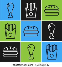 Set line Chicken leg, Burger and Potatoes french fries in carton package box icon. Vector