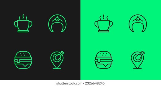 Set line Chicken leg, Burger, Bowl of hot soup and Fish steak icon. Vector