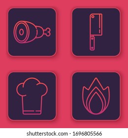 Set line Chicken leg, Chef hat, Meat chopper and Fire flame. Blue square button. Vector