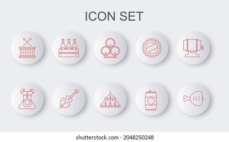 Set line Chicken leg, Costume for women dirndl, Wooden barrels, Beer can, Musical drum and sticks, Pack of beer bottles, Violin and Massive steel chandelier icon. Vector