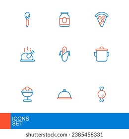 Set line Chicken leg, Covered with tray of food, Ice cream in the bowl, Cooking pot, Roasted turkey or chicken, Corn, Slice pizza and Jam jar icon. Vector