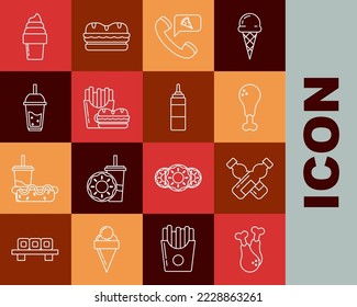 Set line Chicken leg, Crossed bottle of water, Food ordering pizza, Burger and french fries carton package box, Glass lemonade with drinking straw, Ice cream waffle cone and Sauce icon. Vector