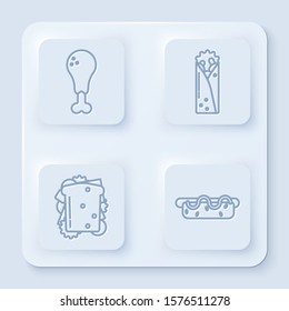 Set line Chicken leg, Doner kebab, Sandwich and Hotdog sandwich with mustard. White square button. Vector