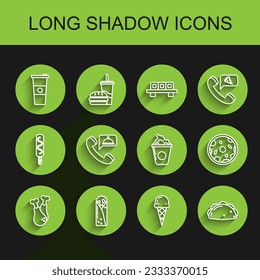 Set line Chicken leg, Doner kebab, Paper glass and water, Ice cream in waffle cone, Taco with tortilla, Food ordering, Pizza and Popcorn cardboard box icon. Vector