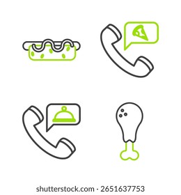 Set line Chicken leg, Food ordering, pizza and Hotdog sandwich with mustard icon. Vector