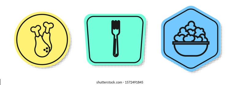 Set line Chicken leg, Fork and Popcorn in bowl. Colored shapes. Vector