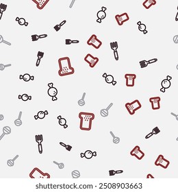 Set line Chicken leg, Fork, Lollipop and Bread toast on seamless pattern. Vector