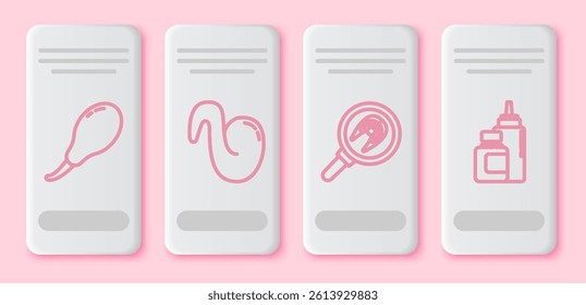 Set line Chicken leg, Fried chicken wing, Fish steak in frying pan and Sauce bottle. White rectangle button. Vector