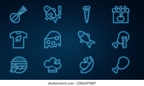 Set line Chicken leg, Genetically modified chicken, Carrot, Cheese, Vegan shirt, Onion, Fish and No fish icon. Vector