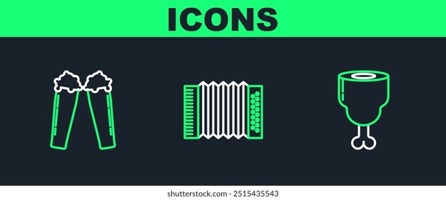 Set line Chicken leg, Glass of beer and Musical instrument accordion icon. Vector