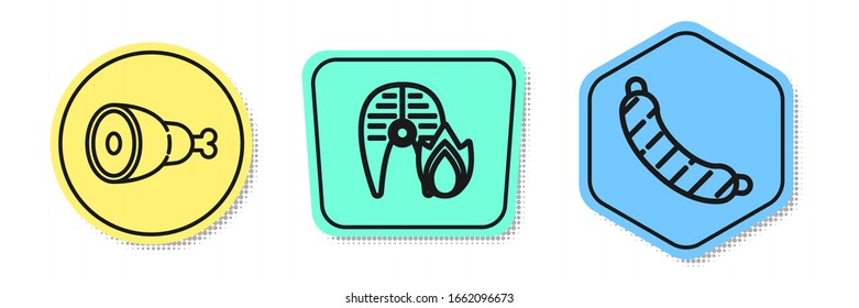 Set line Chicken leg, Grilled fish steak and fire flame and Sausage. Colored shapes. Vector