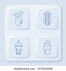 Set line Chicken leg, Hotdog sandwich with mustard, Glass of lemonade with drinking straw and Ice cream in waffle cone. White square button. Vector