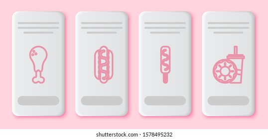 Set line Chicken leg, Hotdog sandwich with mustard, Ice cream and Paper glass with drinking straw and donut. White rectangle button. Vector