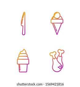 Set line Chicken leg, Ice cream in waffle cone, Knife and Ice cream in waffle cone. Gradient color icons. Vector