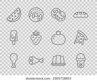 Set line Chicken leg, Ice cream in waffle, Cookie with chocolate, Watermelon, Strawberry, Jelly cake and Slice of pizza icon. Vector