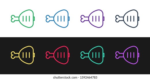 Set line Chicken leg icon isolated on black and white background. Chicken drumstick.  Vector Illustration