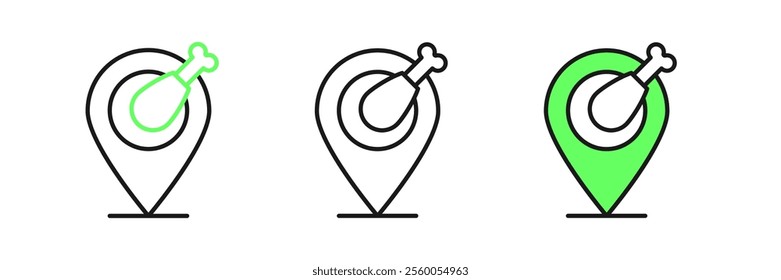 Set line Chicken leg icon isolated on white background. Chicken drumstick.  Vector