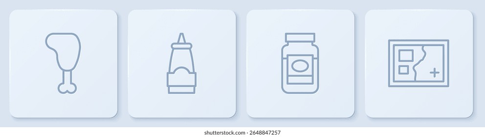 Definir linha Perna de frango, Jam jar, Frasco de molho e Mapa dobrado. Botão quadrado branco. Vetor