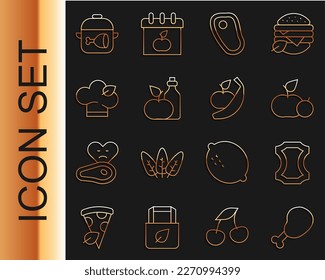 Set line Chicken leg, Leather, Apple, Steak meat, cider vinegar in bottle, Vegan food diet, Cooking pot and chicken and banana icon. Vector