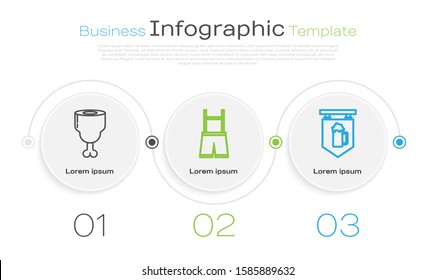 Set line Chicken leg, Lederhosen and Street signboard with glass of beer. Business infographic template. Vector