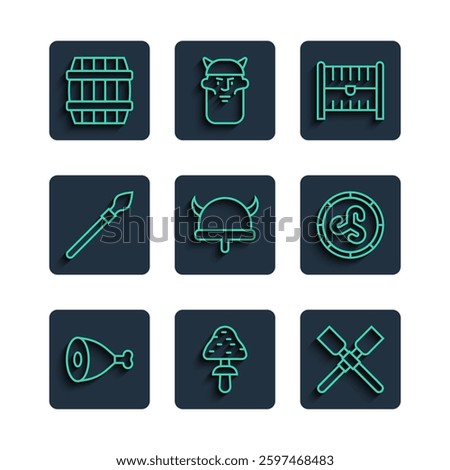 Set line Chicken leg, Mushroom, Oars or paddles boat, Antique treasure chest, Viking in horned helmet, Medieval spear, Wooden barrel and Shield viking icon. Vector