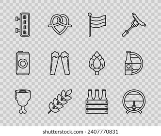 Set line Chicken leg, National Germany flag, Cereals set rice, wheat, corn, oats, rye, barley, Street signboard inscription Beer, Glass of beer, Pack bottles and and wooden icon. Vector